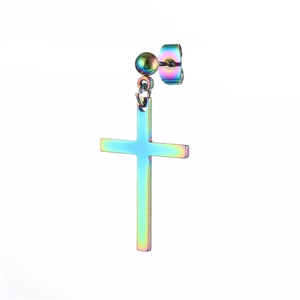 Rainbow plated stainless steel cross dangle earring for men on white background