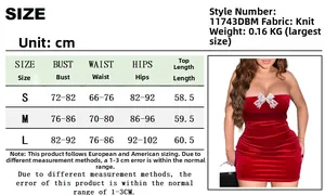 Size chart showing bust, waist, and hip measurements for this velvet bow tube dress