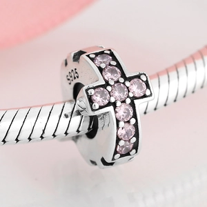 S925 sterling silver cross charm bead with pink gemstones on a chain bracelet