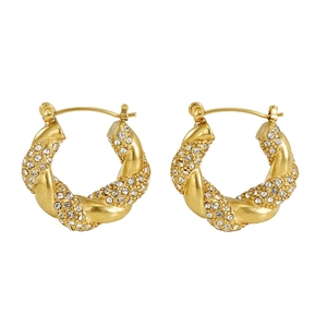 18k gold plated stainless steel twist hoop earrings with pavé crystals for women