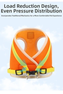 Detail view of breathable orange mesh cat harness with adjustable yellow straps and D-ring