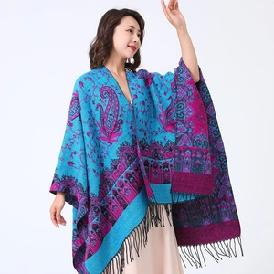 Blue and purple paisley print shawl wrap with fringe tassels for women