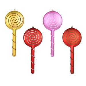 Set of 4 glittery Christmas lollipop ornaments in gold, red, and pink colors for decor