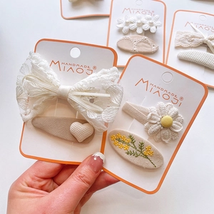 Handmade Matcha green series bow hair clip set with floral embroidery and lace details