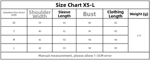 Detailed size chart for women's double-breasted coat with measurements from XS to L