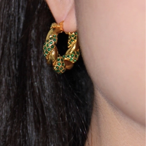 Vintage 18K gold plated stainless steel twist hoop earrings with green zircon stones