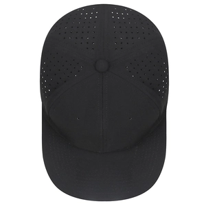 Lightweight breathable black hip-hop cap with laser-cut holes and adjustable flat brim
