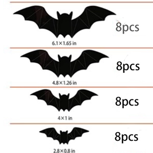 Guide des tailles pour 32 stickers muraux chauve-souris noires en quatre tailles pour Halloween