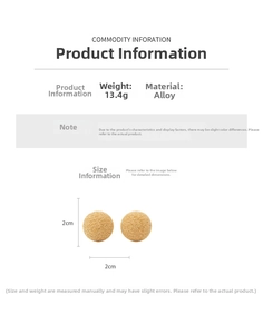 Size guide showing golden textured alloy ball earrings, 2cm diameter, weighing 13.4g