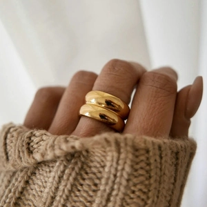 Dual-layer 18K gold plated thick band rings in titanium steel shown on a finger