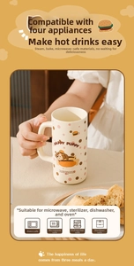 Detail showing cartoon puppy ceramic mug icons for oven microwave and dishwasher safety