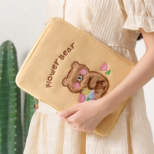 Plush khaki 11-inch iPad sleeve with cute embroidered flower bear for students