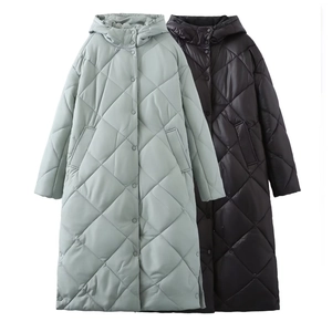Women's Long Quilted Coat Hooded Diamond Pattern Snap Button Cotton Padded Jacket Winter Warm Outdoor Casual