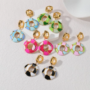 Stainless Steel Geometric Enamel Drop Earrings For Women Gold Plated Hollow Round Color Block Vintage Jewelry Gift
