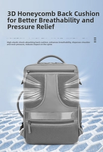 Detail of 3D honeycomb breathable mesh back panel on gray travel backpack for relief