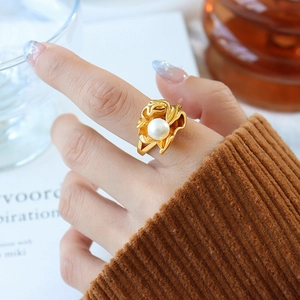 Irregular Lava Ring 18K Gold Plated Titanium Steel Freshwater Pearl Pleated Organic Shape French Vintage Style Women