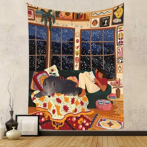 Bohemian tapestry featuring a cozy winter reading illustration on a textured gray wall