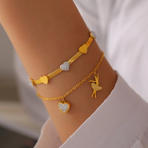 Elegant gold plated titanium steel heart and ballerina charm bracelet set for women