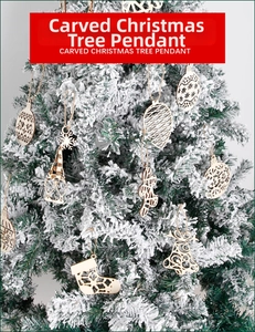 Detailed view of hollow carved wooden Christmas pendants hanging on a snowy tree branch
