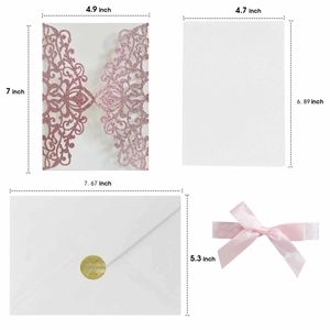 Detailed dimensions for glitter laser-cut wedding invitation set with envelopes and ribbon