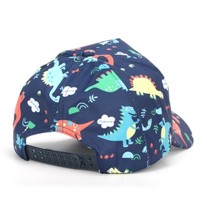 Navy blue kids baseball cap with colorful dinosaur prints and adjustable back strap