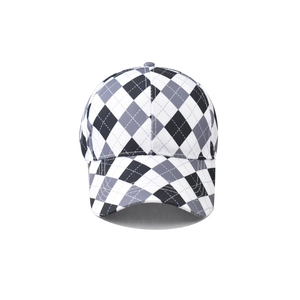Classic argyle pattern baseball cap in black white and gray colors with curved brim