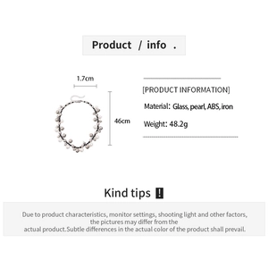 Detailed size specifications for pearl beaded necklace with glass and iron materials