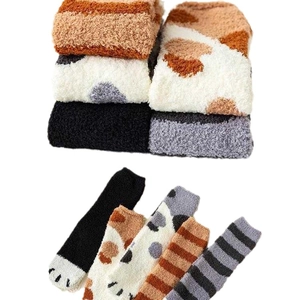 Set of thick coral fleece cat claw socks for women in assorted colors and patterns