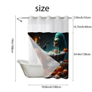 Detailed size chart for Halloween shower curtain showing dimensions 70.8x74 inches