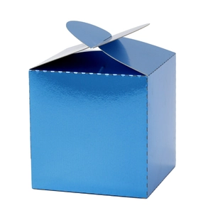 Boîte cadeau cubique bleu métallisé avec fermeture pliante pour dragées de fête