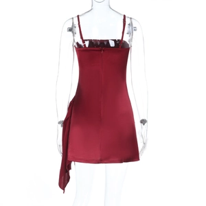 Detail view of burgundy satin mini dress back featuring thin straps and hidden zipper