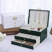Detail view of double-layer jewelry box with compartments and premium suede lining