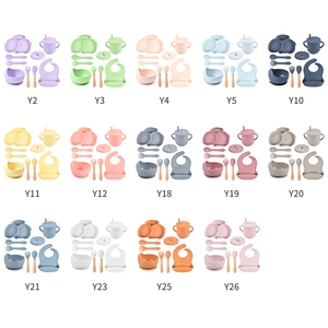 Silicone baby feeding set with divided plate, suction bowl, and bib in various colors