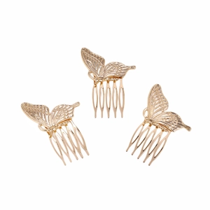 Set of three golden hollow butterfly hair combs with elegant 5-tooth metal design