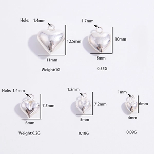 S925 sterling silver heart charms in 5 sizes with precise dimensions and weights