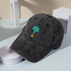 Unisex washed charcoal cotton baseball cap featuring green alien embroidery in Y2K style