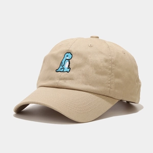 Khaki cotton baseball cap featuring a cute blue cartoon dinosaur embroidery for kids