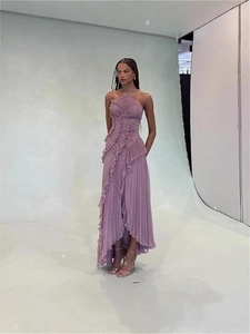 Robe Maxi Lavande Violette Dos Nu Plissée À Volants Sans Manches Taille Haute Élégante Fête D'été Pour Femmes