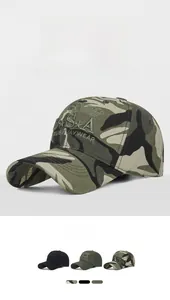 Close-up of 3D embroidery detail on tactical camouflage and navy cotton baseball caps