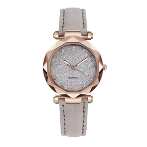 Starry sky silver glitter face quartz watch for women with rose gold case and grey strap