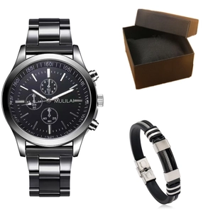 Détail de la montre à quartz avec cadran chronographe, bracelet assorti et boîte cadeau brune