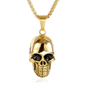 Golden stainless steel skull pendant necklace with high-polished box chain on white background