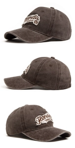 Detailed views of washed cotton baseball cap featuring vintage Florida embroidery patches