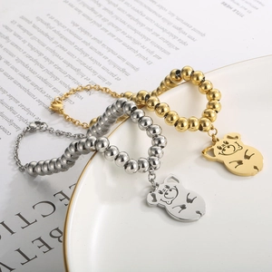 Chic 18K gold and silver stainless steel bead bracelets with cute pig-shaped charms