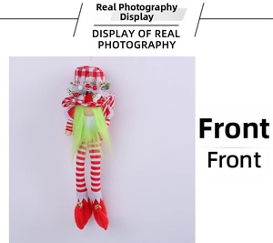 Detailed front view of a long-legged Christmas gnome with red checkered hat and green beard