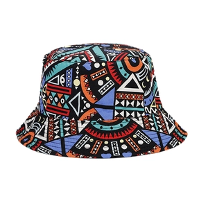 Ethnic style reversible bucket hat with colorful geometric abstract patterns for sun protection