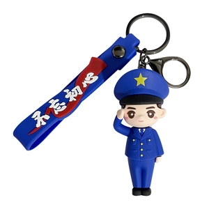 Cartoon policeman keychain with blue soft rubber strap and Chinese text on white background