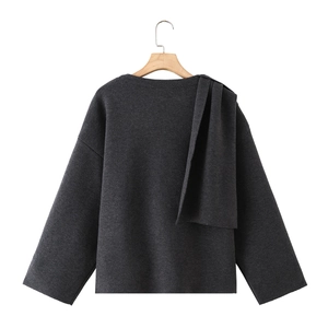 Dark grey knitted long sleeve top featuring an asymmetric scarf design and loose fit