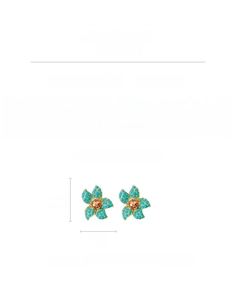Detailed specs of floral earrings with blue beads and red rhinestones, 3.5cm height