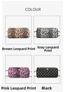 Λεπτομέρεια από κυλινδρικές τσάντες χιαστί με λεοπάρ και καπιτονέ σχέδιο με χρυσό λουλούδι